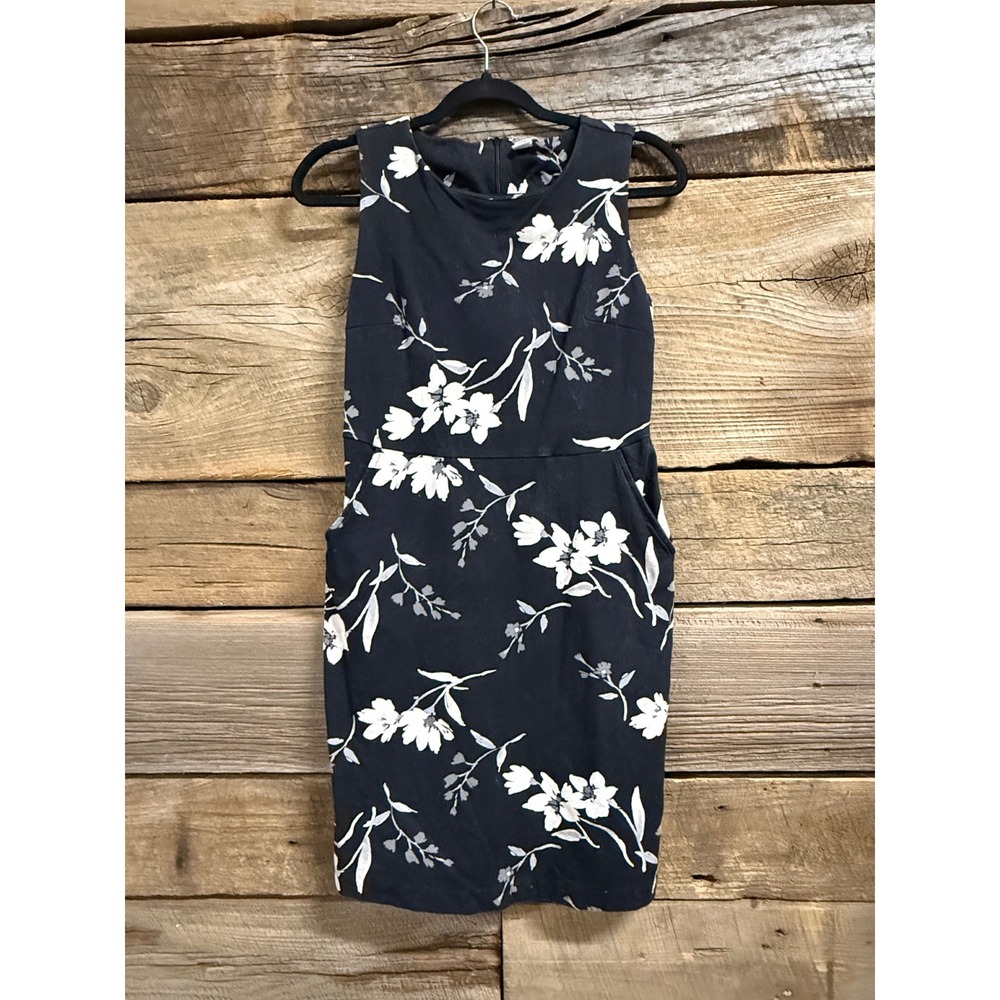 Old Navy Womens Sleeveless Floral Sheath Dress Navy Blue White Pockets Size S